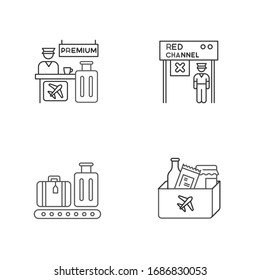 Airport terminal pixel perfect linear icons set. Premium service desk. Red channel for transit to plane. Customizable thin line contour symbols. Isolated vector outline illustrations. Editable stroke