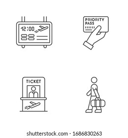 Airport terminal pixel perfect linear icons set. Flight information on electronic scoreboard. Customizable thin line contour symbols. Isolated vector outline illustrations. Editable stroke