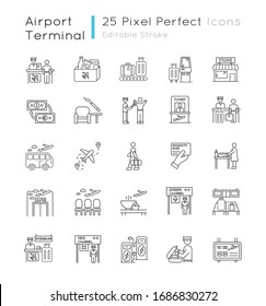 Airport terminal pixel perfect linear icons set. Boarding pass. Flight information. Smoking area. Customizable thin line contour symbols. Isolated vector outline illustrations. Editable stroke