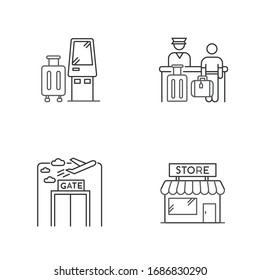 Airport terminal pixel perfect linear icons set. Self service kiosk to check in. Registration desk. Customizable thin line contour symbols. Isolated vector outline illustrations. Editable stroke