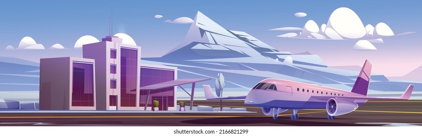 Airport Terminal And Plane On Runway Strip In Winter. Vector Cartoon Panoramic Illustration Of Nordic Landscape With Small Airport Building, Private Jet On Landing Field, Snow And Mountains