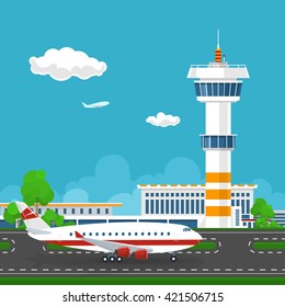 Airport Terminal, the Plane on the Runway at the Airport  with Control Tower and Airplane ,Tourism Concept ,Vector Illustration