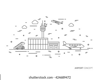 Airport (terminal, plane, transportation) linear vector illustration. Airport creative graphic concept. Airport graphic design.