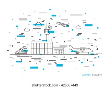 Airport (terminal, plane, transportation) linear vector illustration. Airport creative graphic concept. Colorful airport graphic design.