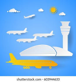 Airport Terminal with Planes. Cut Paper Vector Illustration