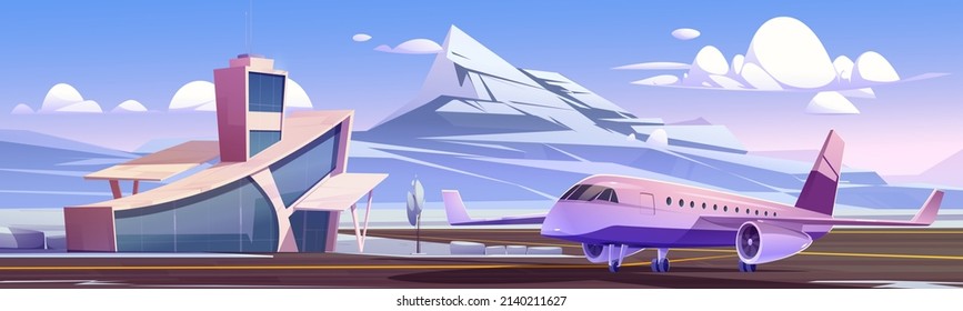 Airport Terminal And Private Jet On Runway Strip In Winter. Vector Cartoon Illustration Of Nordic Landscape With Small Airport Building, Plane On Landing Field, Snow, And Mountains