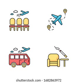 Airport terminal RGB color icons set. Waiting area for passengers. Aircraft lounge with empty seats. Airplane departure. Smoking zone inside. Journey destination. Isolated vector illustrations