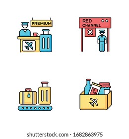 Airport terminal RGB color icons set. Premium service desk. Red channel for transit to plane. Luggage on trolley. Baggage on conveyor belt. Duty free shopping. Isolated vector illustrations