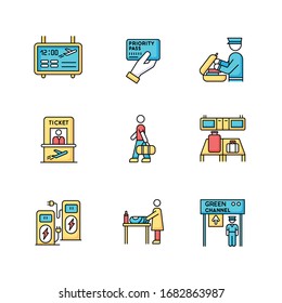 Airport Terminal RGB Color Icons Set. Flight Information Panel. Priority Pass. Security Check Luggage. Ticket For Airplane. Passenger Boarding Process. Isolated Vector Illustrations