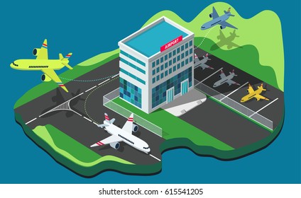 Airport terminal, runway, airplanes. Arrivals at airport and departures. Vector illustration in isometric 3d design.Travel concept.