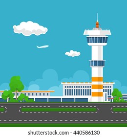 Airport Terminal, Runway at the Airport with Control Tower ,Travel and Tourism Concept , Vector Illustration 