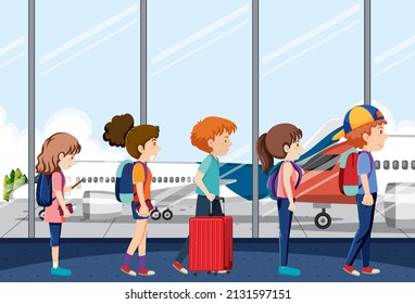 Airport terminal scene with passengers standing in line  illustration