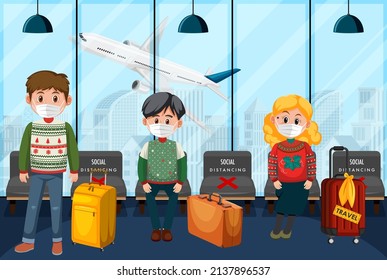 In airport terminal scene with passengers wearing mask  illustration