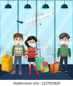 In airport terminal scene with passengers wearing mask  illustration