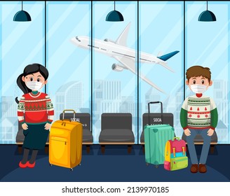 In airport terminal scene with passengers wearing mask  illustration