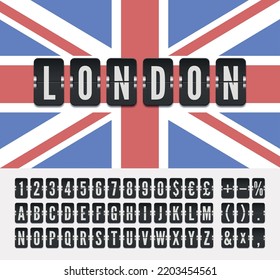 Airport Terminal Scoreboard Regular Font For Flight Departure Or Arrival Information. Vector Illustration On Great Britain Flag