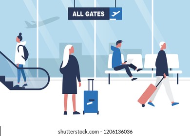 Airport terminal. Seating, Standing and walking characters holding their suitcases. Waiting area. All gates. Boarding. Flat editable vector illustration, clip art