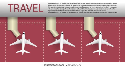 Vista superior de terminal de aeropuerto con aviones sobre fondo rojo ,ilustración vectorial,en línea Booking viajes de negocios verano Concepto