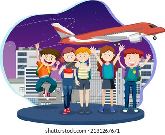 Airport terminal with tourists and aircrews illustration