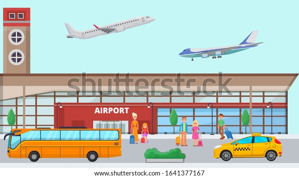 Airport terminal vector illustration. Smiling happy\
travelling people with luggage in front of entry airport buildings\
facade. Stop of transportation taxi, bus. Airplanes takeoff and\
landing in sky.