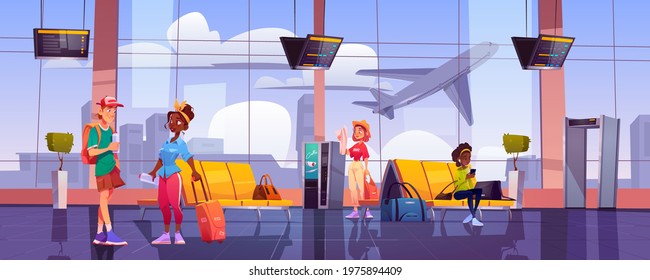 Airport terminal with waiting people, chairs, luggage, security scanner and schedule display. Vector cartoon interior of departure area with seats, metal detector, vending machine and view to plane