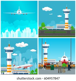 Airport Terminal , Waiting Room with People , Runway at the Airport with Control Tower ,Airplane Takes Off, Plane in the Sky, Travel and Tourism Concept, Vector Illustration 