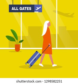 Airport terminal. Young female character walking with a suitcase. Waiting area. All gates. Boarding. Flat editable vector illustration, clip art