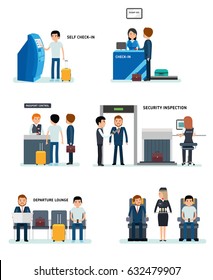 Airport terminals set with charts and other elements. Airport Terminal Security Check, check-in, passport control, waiting room, in the cabin with a flight attendant. Vector flat style illustration.