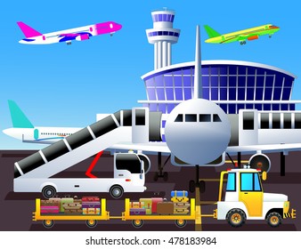 Airport theme. Airplane, mobile passenger steps, tow tractor and baggage carts. Vector color illustration