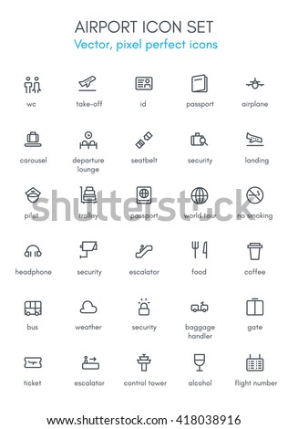 Airport theme line icon set. Pixel perfect fully editable vector icon set suitable for websites, info graphics and print media.