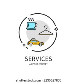 Airport Thin Line Icon Services Concept Include of Laundry, Dry Cleaning, Taxi, Cafe or Restaurant. Vector illustration