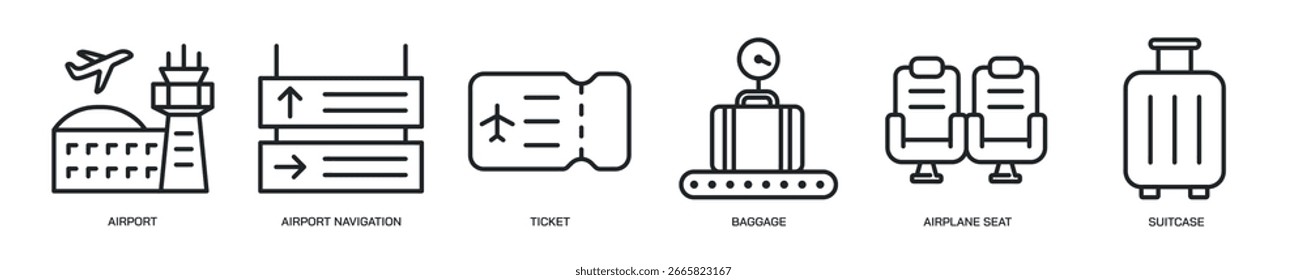 Conjunto de ícones da linha fina do aeroporto. viagem, ícones mínimos do voo