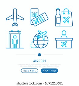 Airport thin line icons set: airplane, boarding pass, duty free, customs, check-in counter. Vector illustration, web page template.