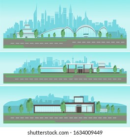 Airport in three versions, large, medium and small, vector flat graphics