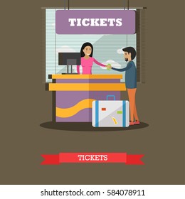 Airport Ticket Counter Concept Vector Illustration In Flat Style. Ticket Agent And Passenger Characters.