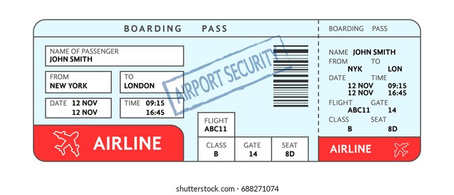 airport ticket with filled fields and security service mark. simple flat style trend modern graphic line design isolated on white background. concept of blank doc sign for air travel and boarding pass