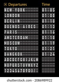 Airport timetable. Airport board for departure and arrive. Information of flight. Font on display panel. Destination on scoreboard. Timetable on terminal. Realistic alphabet with schedule. Vector.