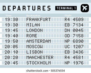 Airport timetable - departure board vector illustration. Travel sign. Frankfurt, Milan, London, Rome and other airports.