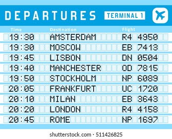 Airport timetable - departure board vector illustration. Travel sign. Flights to Amsterdam, Moscow, Lisbon, Stockholm and Frankfurt.