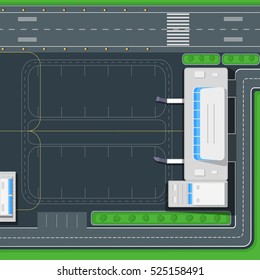 Airport top view concept. Passenger airport terminal building, road, cars, bus, luggage carrier flat vector illustrations. Airplane flight. For airline ad, travel, transportation concept