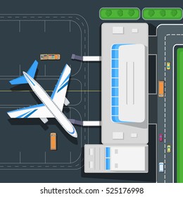 Airport top view concept. Passenger aircraft near airport terminal building, road, cars, bus, luggage carrier flat vector illustrations. Airplane flight. For airline ad, travel, transportation concept