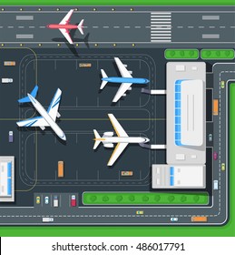 Airport top view. Modern passenger terminal aircraft. Infrastructure of a large airport with hangars for aircraft landing pad. Building of passenger terminal and parking for cars. Vector illustration