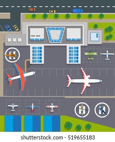 Airport top view with planes, helicopters, cars, buildings, vector illustration