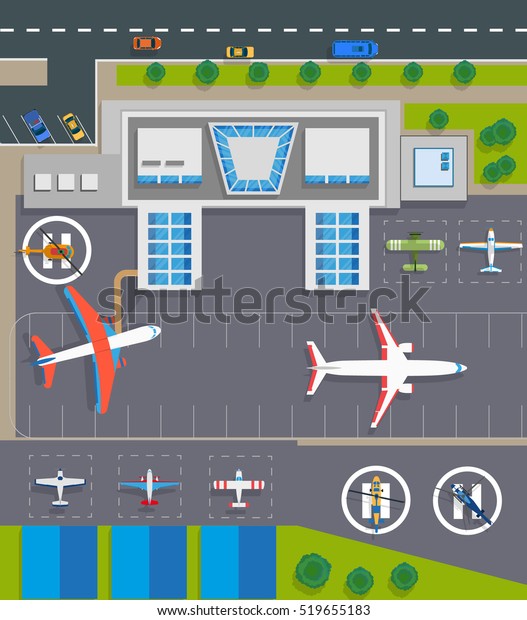 Airport top view with planes, helicopters,\
cars, buildings, vector\
illustration