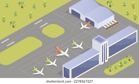 Vista superior del aeropuerto. Aviones en pista, transporte para vuelos y viajes. Terminal con torre de control de tráfico del aeropuerto, avión de aterrizaje. Ilustración vectorial isométrica de dibujos animados