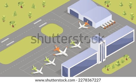 Airport top view. Planes on runway, transport for flights and travel. Terminal with airport traffic control tower, landing jet airplane. Cartoon isometric vector illustration