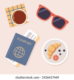 Airport. Top view of table in airport cafe. Passport with ticket, sunglasses, cup of coffee, croissant on plate. Summer vacation, business trip, travel. Vector illustration in retro style