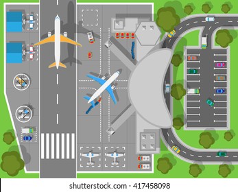 Airport top view. Terminal aircraft. Infrastructure of a large airport with hangars for aircraft and helicopter landing pad. Building of passenger terminal and parking for cars. Vector illustration