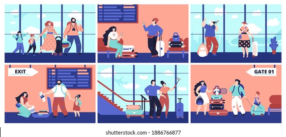 Airport tourist. Couple travellers, girl friends with baggage waiting flight. Family journey, happy people decent vacations vector concept