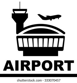 airport with tower and airplane take off